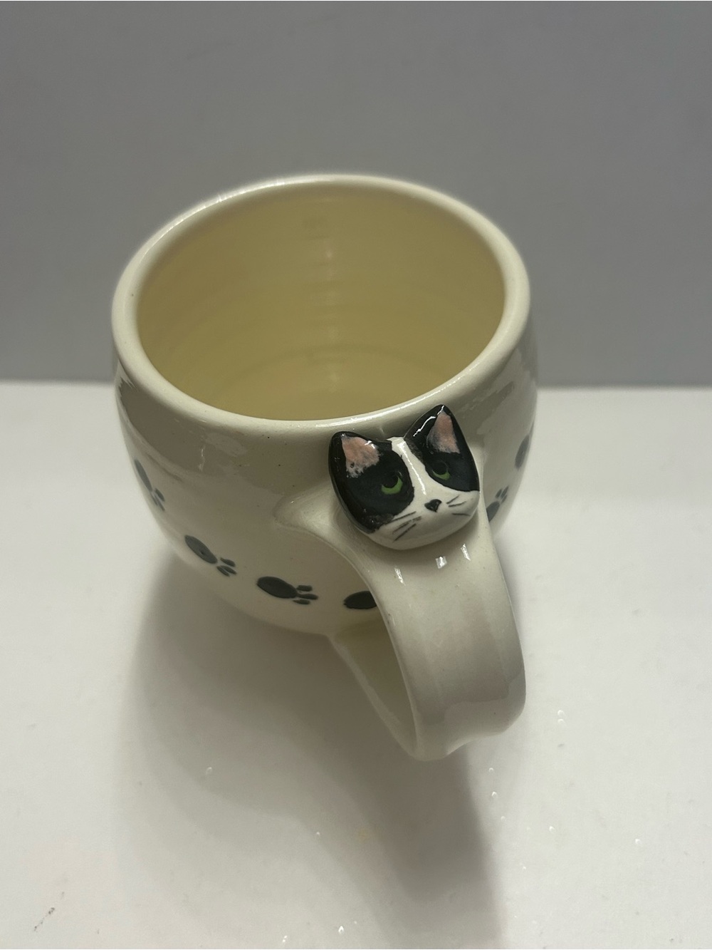 Handmade Ceramic Mug Cat Paw Artisan Studio Pottery Cup with Cat Sculpture